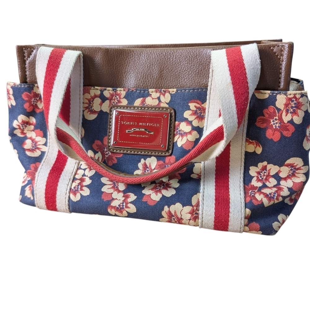 Tommy Hilfiger Floral Canvas Purse Navy Blue Red White Stripes Pockets 90s Vibes - Picture 4 of 13